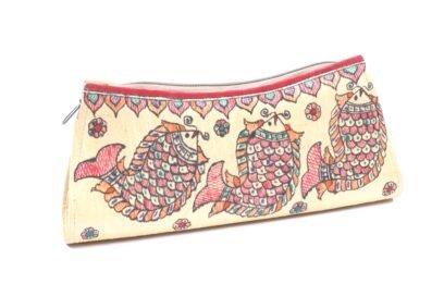 Hand Painted Madhubani Silk Clutches With Fish Motif