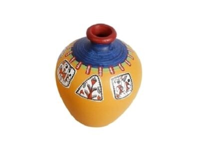 Earthen Pot With Warli Painting in Yellow and Blue