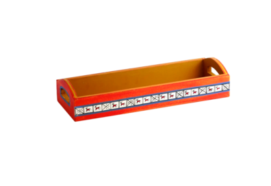 Trendy Wood Tray With Warli Painting in Orange