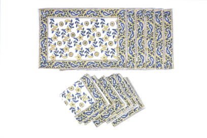 Ethnic Block Print Table Mats and Napkins Set in Blue