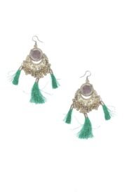 Ethnic Mirror With Tassel Brass Earrings in Green