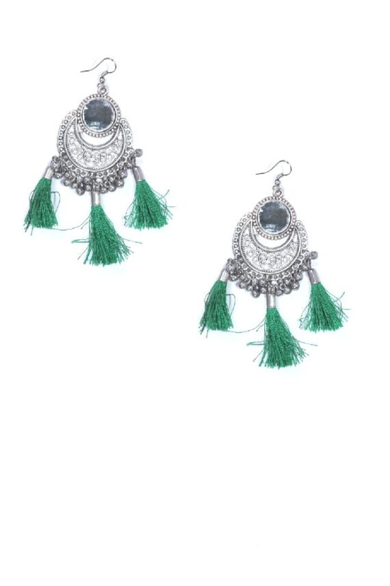 Ethnic Mirror With Tassel Earrings in Green