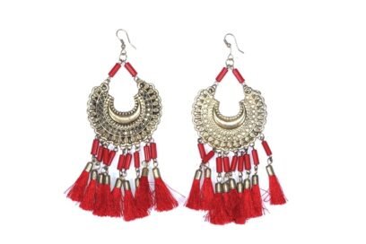 Trendy Long Tassel Brass Earrings in Red