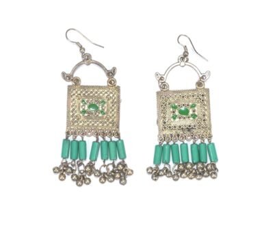 Afghani Metal Earrings With Green Beads